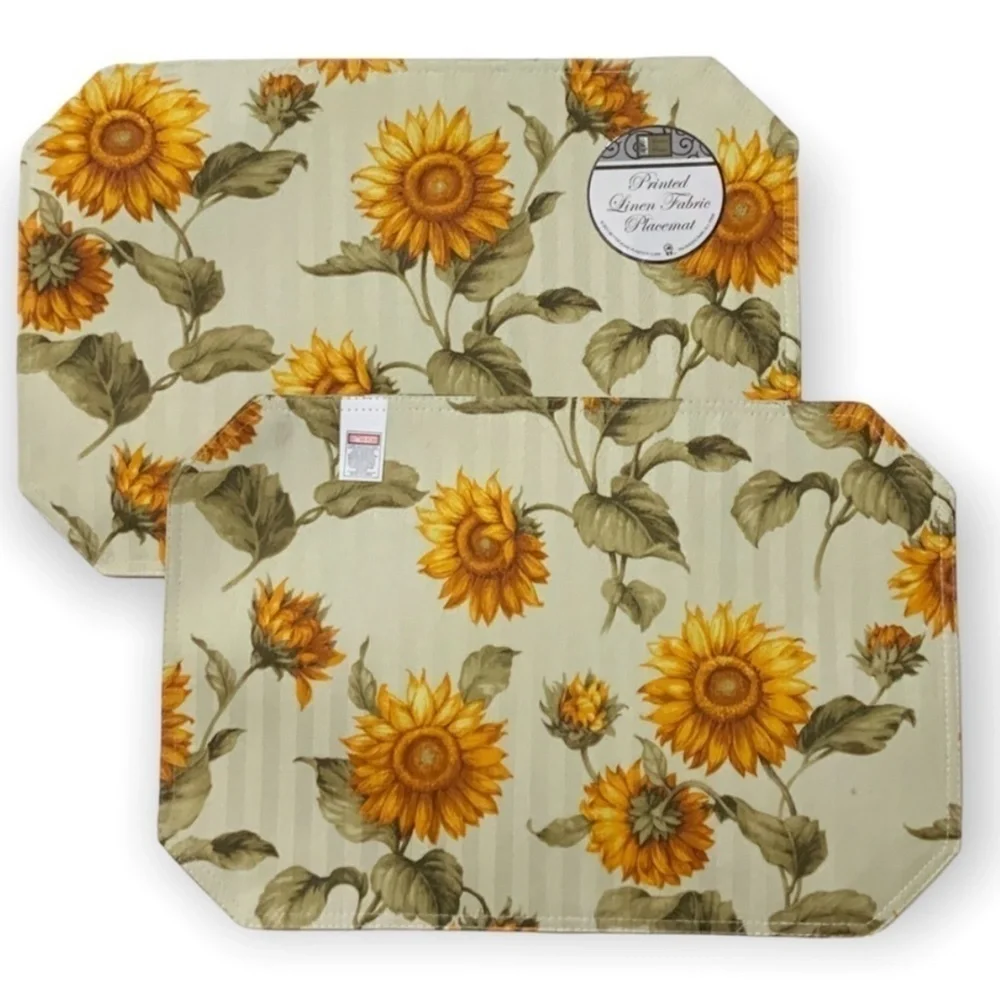 Sunflower Reversible Printed Linen Fabric Placemats Set of 4 Neutral Yellow